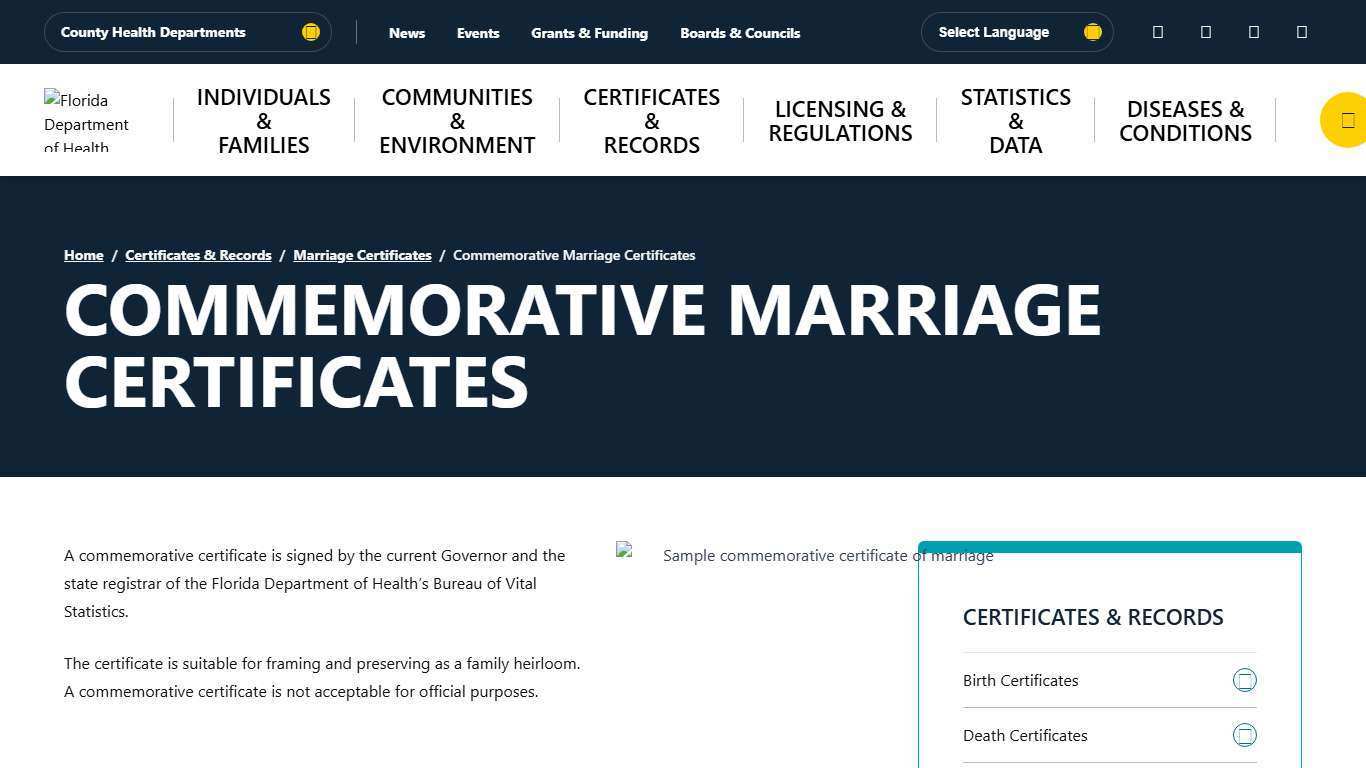Commemorative Marriage Certificates - Florida Department of Health